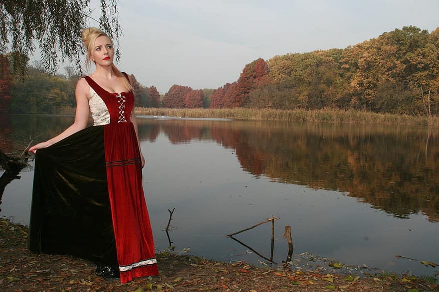girl-lake-autumn-forest-reflection-dress-princess-beauty-red.jpg